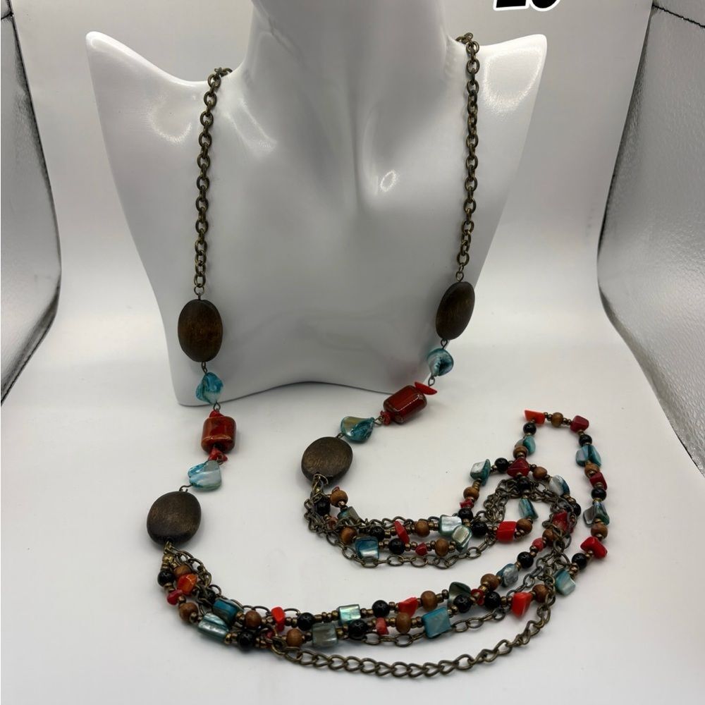Vintage Multi-strand Necklace Features Wooden Beads, Glass, and Ceramic Accents
